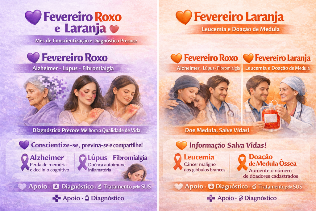 FEVEREIRO ROXO E LARANJA Campanha de Conscientização em Saúde O Fevereiro Roxo e Laranja compõe o calendário de campanhas de educação em saúde, com o objetivo de promover a conscientização da população, o estímulo à prevenção, o diagnóstico precoce e o cuidado integral, em consonância com os princípios do Sistema Único de Saúde (SUS): universalidade, integralidade e equidade. O Fevereiro Roxo é dedicado à conscientização sobre o Alzheimer, o Lúpus Eritematoso Sistêmico e a Fibromialgia. Essas condições crônicas apresentam impacto significativo na funcionalidade, na autonomia e na qualidade de vida das pessoas acometidas, além de demandarem acompanhamento contínuo, abordagem multiprofissional e fortalecimento do cuidado centrado na pessoa. A ampliação do acesso à informação qualificada contribui para a identificação precoce dos sinais e sintomas, melhor adesão ao tratamento e redução de estigmas associados às chamadas doenças invisíveis. O Alzheimer é uma doença neurodegenerativa progressiva, mais prevalente na população idosa, caracterizada pelo declínio cognitivo e funcional. O Lúpus Eritematoso Sistêmico é uma doença autoimune inflamatória crônica, de curso variável, que pode comprometer múltiplos órgãos e sistemas. A Fibromialgia é uma síndrome clínica caracterizada por dor musculoesquelética crônica difusa, frequentemente associada à fadiga, alterações do sono e repercussões emocionais, exigindo manejo clínico integrado. O Fevereiro Laranja tem como foco a conscientização sobre a Leucemia, um grupo de neoplasias hematológicas que afetam as células do sangue e da medula óssea, podendo demandar tratamento especializado e, em alguns casos, o transplante de medula óssea. A campanha reforça a importância da doação de medula óssea e do aumento do número de doadores cadastrados, uma vez que a ampliação do cadastro eleva as chances de compatibilidade e contribui para a redução da morbimortalidade associada à doença. As ações do Fevereiro Roxo e Laranja buscam fortalecer a educação em saúde, combater a desinformação, estimular a participação social e apoiar o desenvolvimento de práticas de cuidado mais humanizadas e resolutivas na Rede de Atenção à Saúde. Nesse contexto, o Instituto Movimento MT reafirma seu compromisso com a promoção da saúde, a disseminação de informações confiáveis, o incentivo à prevenção e o fortalecimento de ações que contribuam para a melhoria da qualidade de vida da população, atuando de forma integrada às políticas públicas de saúde. Instituto Movimento MT Cuidando de pessoas. Transformando vidas.